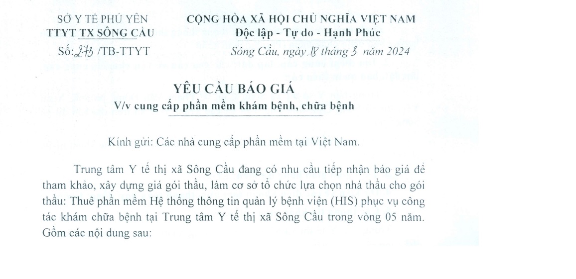 Yêu cầu báo giá Cung cấp phần mềm khám bệnh, chữa bệnh